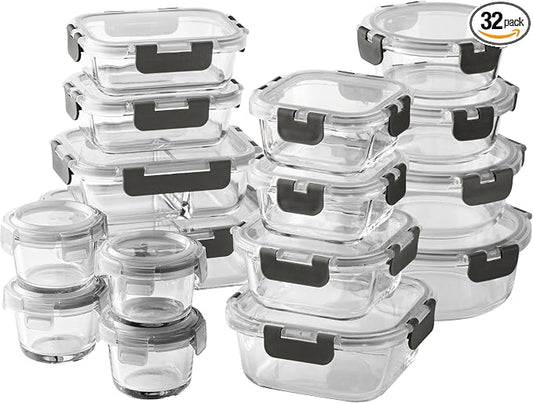 COOK WITH COLOR Premium 32-Pc. Borosilicate Glass Food Container Set with Dividers - 4 Rectangles, 8 Rounds, 4 Squares - Leakproof Lids - Meal Prep, Storage, Ombre Black by CookwithColor