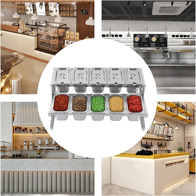 Expandable Stainless Steel Spice Rack Set,14"-25.6" Adjustable Countertop Seasoning Containers, 2-Tier Inclined Organizer Shelf w/ 10 1/9 Pans for Sauce Ingredients Fruits Toppings (10 Pans) - Image 4