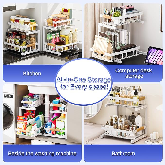 ADBIU 2 Pack Under Sink Organizers and Storage, Height Adjustable 2-Tier Pull Out Cabinet Organizer, Heavy Duty Slide Out Sink Shelf Drawer for Kitchen Bathroom Organization - Image 5