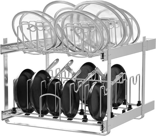 2-Tier Pots and Pans Organizer Under Cabinet Kitchen 21" W *22" D | Pull out Cabinet Organizer for Pots, Pans, and Lid Cookware, Adjustable Heavy Duty Wire Pan and Pot Rack, Full-Extension Rail by STORKING
