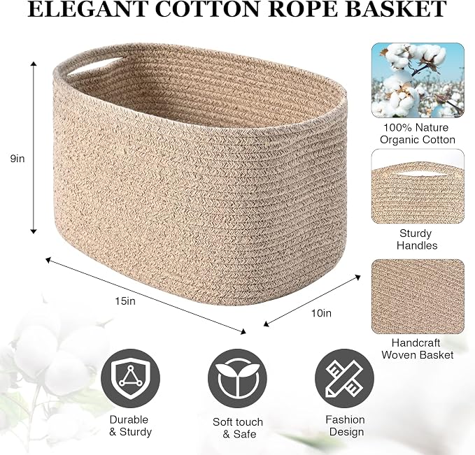 Cotton Rope Storage Baskets for Organizing 1Pack 15"x10"x9" Woven Baskets for Storage,Shelf Baskets Cube Storage Bins Towel Baskets for Bathroom,Toys Baskets Nursery Basket(Brown) - Image 2