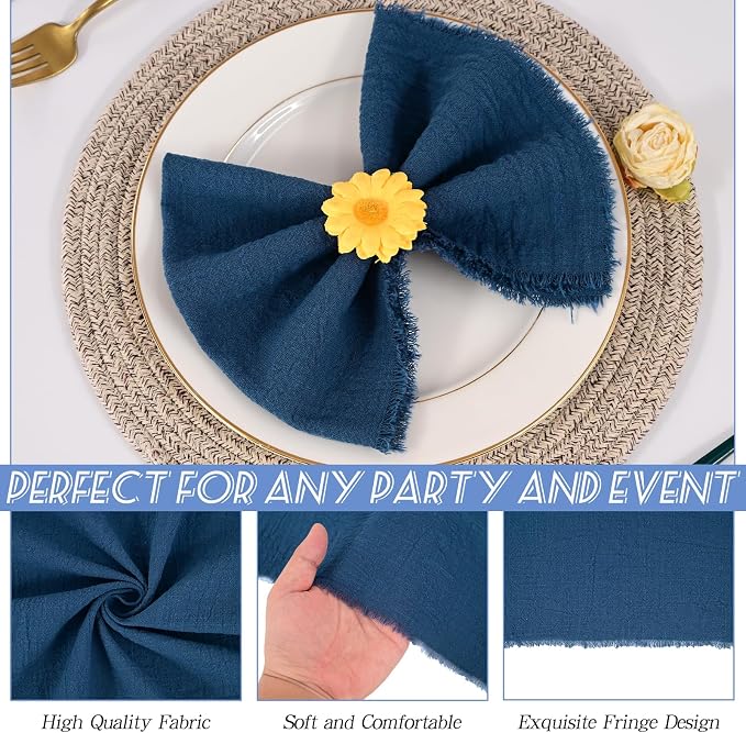 36 Pack Royal Blue Napkins, 12 x 12 Inch Cotton with Fringe Settings | Handmade washable reusable cotton dinner napkins in bulk for weddings, parties, rustic boho table settings - Image 5