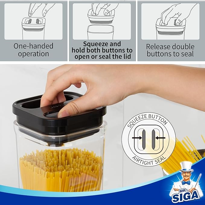 MR.SIGA 6 Piece Airtight Food Storage Container Set for Pantry Organization | BPA Free, stackable, one-handed kitchen storage containers for cereals, spaghetti, pasta, white - Image 4