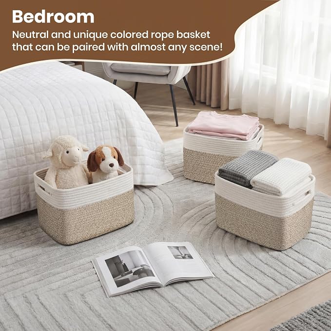 Storage Baskets for Organizing, 14 x 10 x 9” Closet Shelf Woven Baskets, Square Bins with Handles, Cotton Rope Basket for Clothes, Office, Room, White+Rice Brown 1 Pack - Image 5