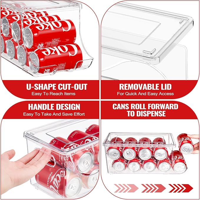 SCAVATA 2 Pack Stackable Refrigerator Organizer, Soda Can Dispenser Pop Cans Container Beverage Holder with Lid for Fridge, Freezer, Kitchen, Clear Plastic Storage Bins-Holds 10 Cans Each - Image 3