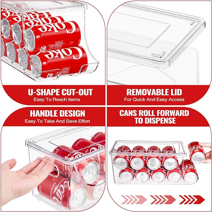SCAVATA 4 Pack Stackable Refrigerator Organizer, Soda Can Dispenser Pop Cans Container Beverage Holder with Lid for Fridge, Freezer, Kitchen, Clear Plastic Storage Bins-Holds 10 Cans Each - Image 3