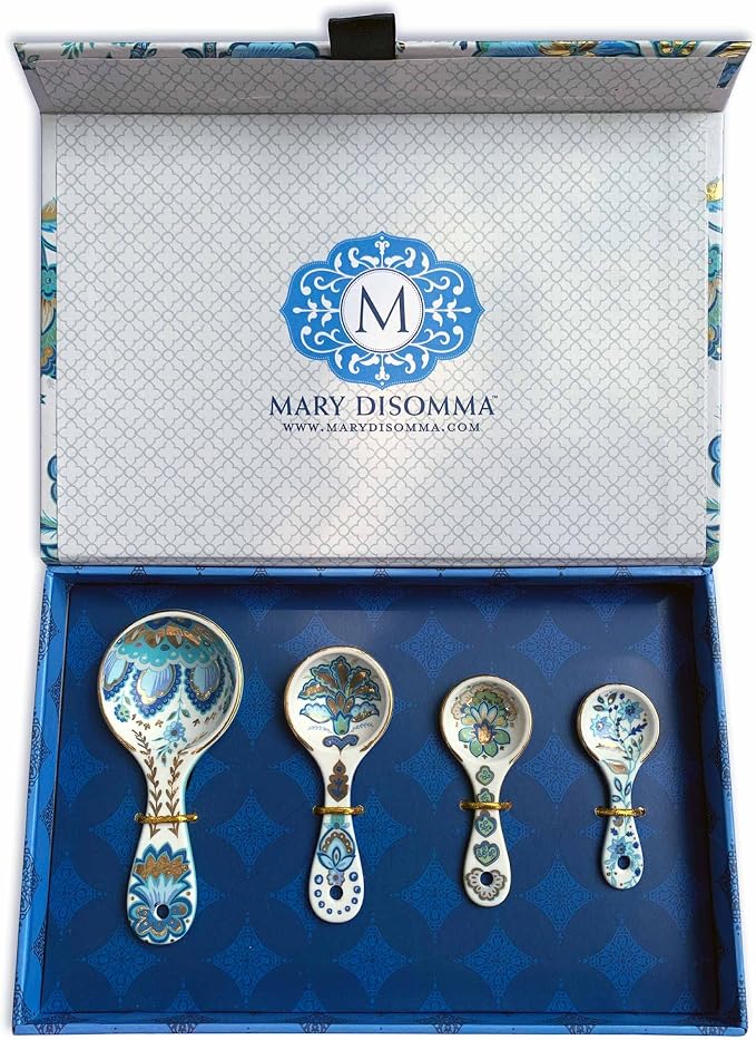 Mary DiSomma’s Ceramic Measuring Spoons (Set of 4) | Unique Signature Floral Print Design for each, Gold Overlay, Teal, Blue, Robin’s Egg Blue, Lime Green, Metallic Gold Chain, Boxed gift set - Image 3