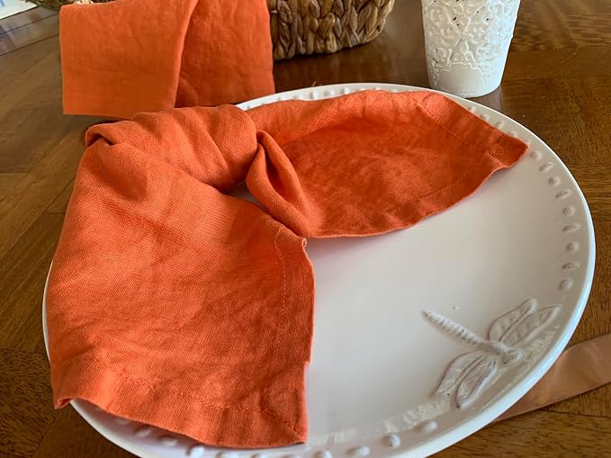 Linen Napkins –100% French Flax – Stonewashed Pure Linen Cloth Napkins - Size 18 Inch x 18 Inch – Set of 4 (Sunset Orange) - Image 7