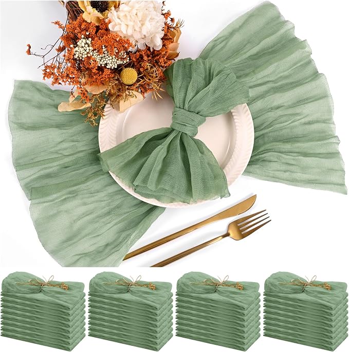 Teruntrue 30 Pack Sage Green Cheese Cloth Napkins Gauze Napkin Cloth Bulk 20 x 20 Inch Washable Boho Dinner Table Napkins for Wedding Party Baby Shower Birthday Party Decorations， by Teruntrue
