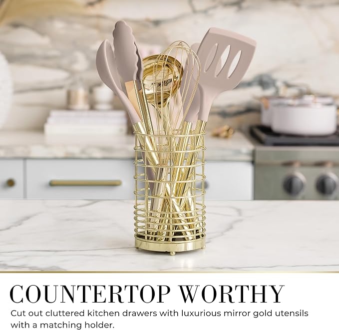 Styled Settings Beige & Gold Kitchen Utensils Set, 7-Piece | Silicone Cooking Utensils for Cooking, Serving, & Hosting - Ideal for Nonstick Cookware, with Gold Utensil Holder - Image 5
