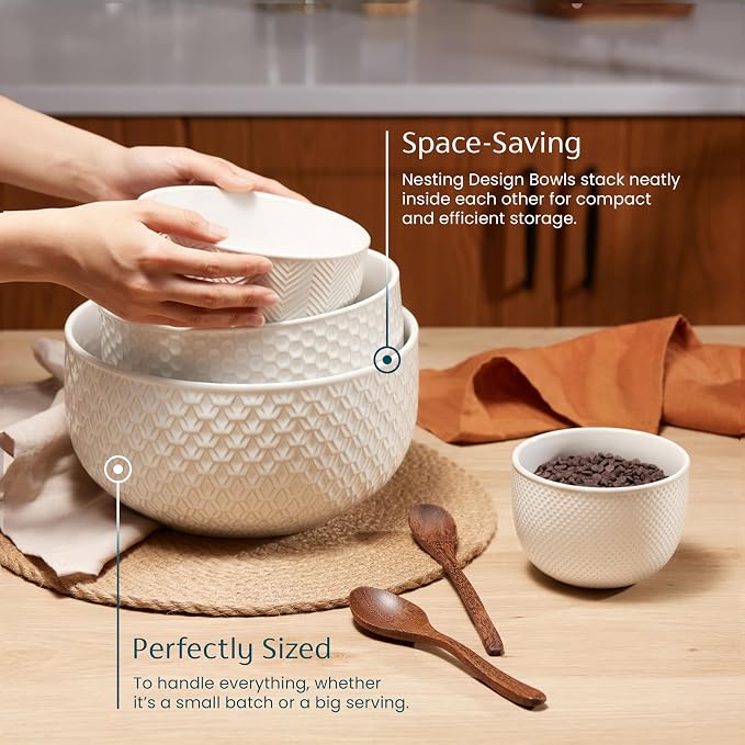 KooK Ceramic Mixing Bowls, Nesting Set of 4, Embossed Kitchen Dishware, Prep, Serving, Gift, Microwave and Dishwasher Safe, 20/44/98/145 oz, Narbonne Collection (Marshmallow) - Image 2