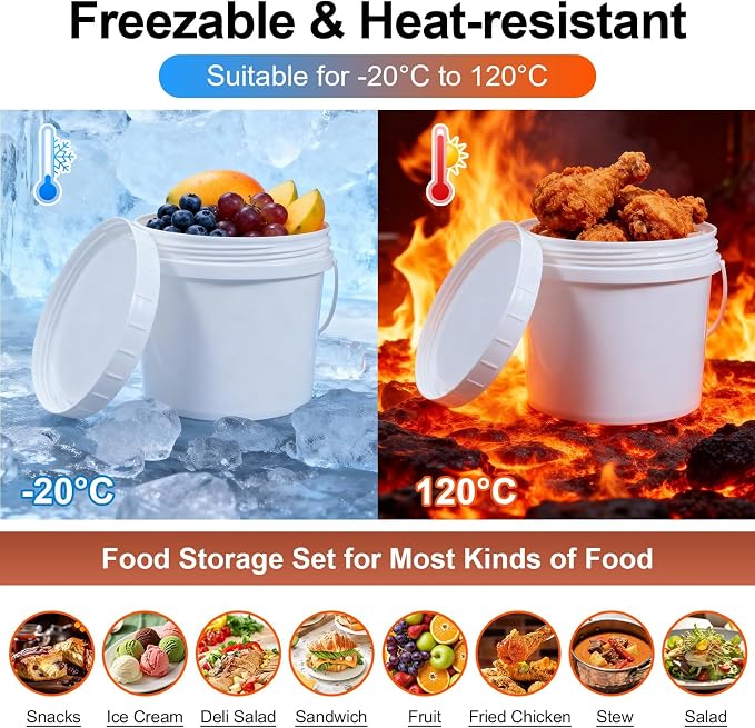 6 Pack 1 Gallon Plastic Buckets with Screw Lids & Handle, Food Grade Storage Containers for Kitchen, Freezer - Reusable White Plastic Bucket Set (White, 6pack 1Gal) - Image 2