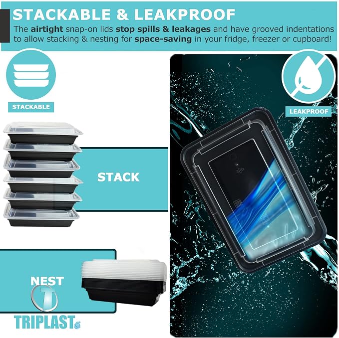 Triplast 5 x Meal Prep Containers (1 Compartment, 28oz) - Microwave, Freezer & Dishwasher Safe – BPA Free, Reusable, Leakproof & Stackable Food Storage Takeaway Boxes for Home, Office & School Use - Image 4