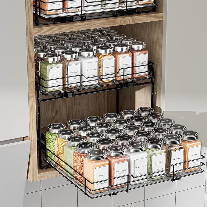BOIVSHI 2-Tier Pull Out Spice Rack, Spice Rack Organizer, Pull Out Spice Racks for Inside Cabinets, Height Adjustable Heavy Duty Metal Basket for Inside Cabinet & Pantry (13.5''Wx10.5''Dx9.5''H) - Image 2