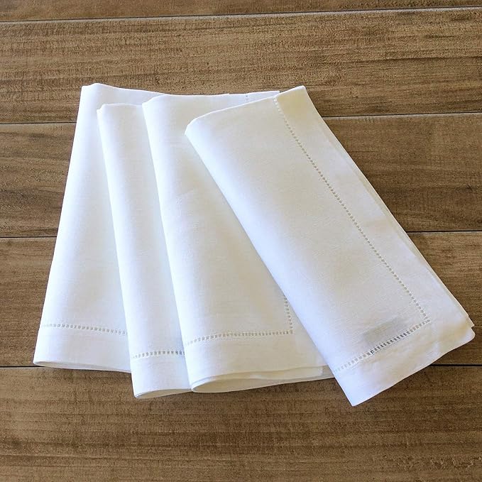 White Linen Hem Stitch Dinner Napkins - Set of 6 20"x20"-Ladder hemstitch 100% Linen Cloth Napkins - Image 3