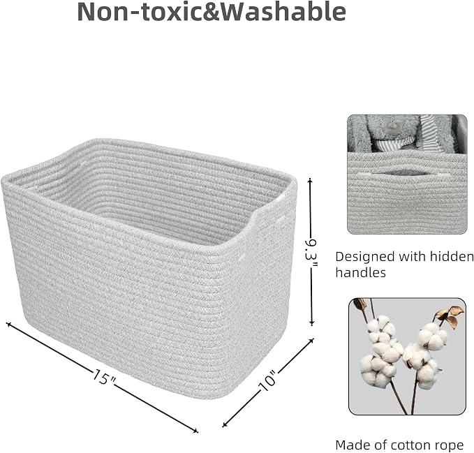 XUANGUO Woven Cotton Rope Storage Baskets 15x10x9.3" 3 Pack Grey | Decorative rectangular storage baskets for shelves and closets; storage bins organize clothes, toys, books and nursery items. - Image 2