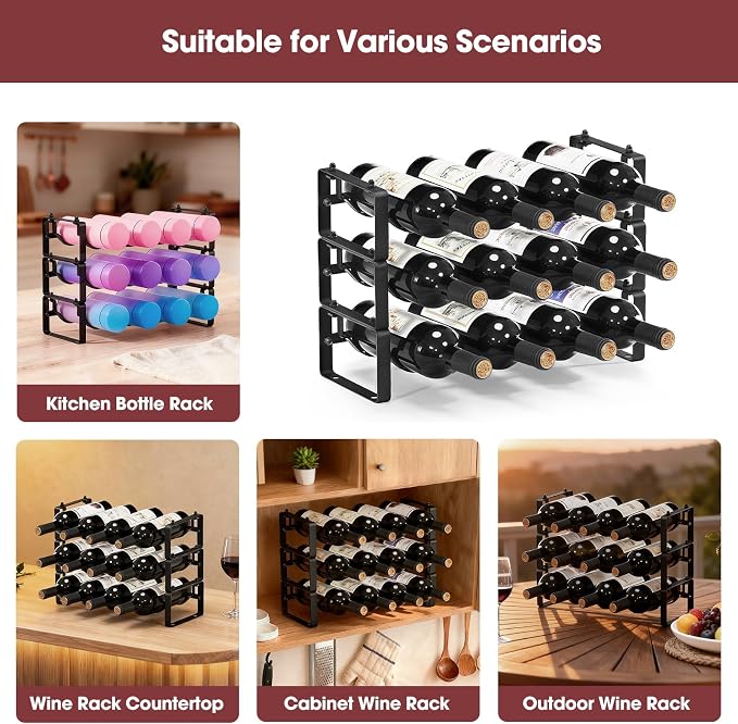 Stackable Countertop Wine Rack, 12 Wine Bottles Holder for Inside Cabinet | ICOHOT Small Tabletop Wine Holder Stand for Pantry Bar, 3-Tier Angle Adjustable Wine Bottle Rack for Tight Spaces - Image 8