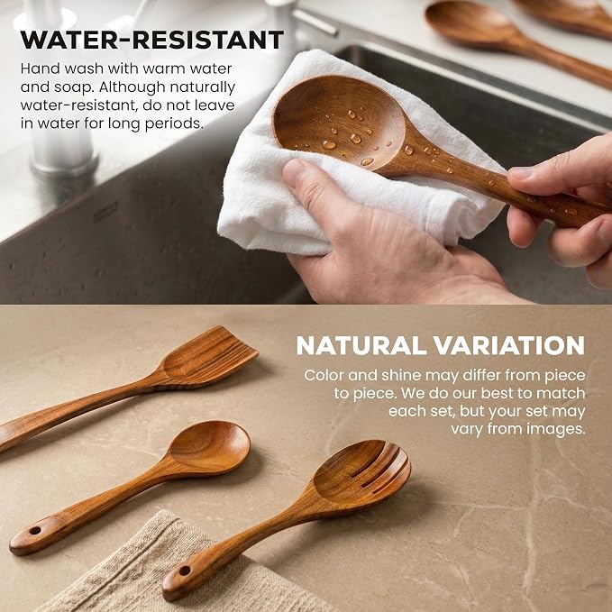 Zulay Kitchen Extra-Large 5-Piece Wooden Spoon Set - Smooth Teak Cooking Utensils - Comfort-Grip Non-Stick Turner, Spatula, Skimmer, Fork, Serving Spoon - Image 5