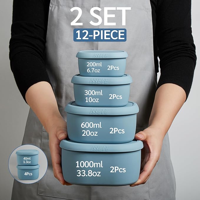 ISSEVE 12Pcs/Set Nesting Silicone Food Storage Containers with Lids | BPA-free, Reusable, Meal Prep Containers, Small Freezer Portions, Dishwasher Cleaning, Nested Cabinet Storage, 5 Sizes, Blue - Image 2