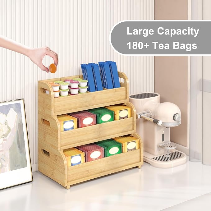 Wisuce 3-Tier Bamboo Tea Bag Organizer, Stackable Tea Holder for Countertop | Tea Box Shelf with Removable Dividers, Wall Mount Large Capacity Tea Organizers and Storage for Pantry Kitchen Office Bar - Image 2