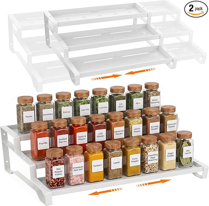 2 Pack Spice Rack Organizer for Cabinet, 13-21.5" Expandable Spicy Shelf | 9.45" Depth 3-Tier White Metal Seasoning Organizer, Kitchen Spice Organization, Slip-Resistant Guardrails for Jars and Cans by PEEKUP