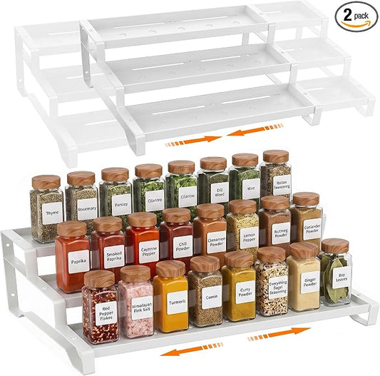 2 Pack Spice Rack Organizer for Cabinet, 13-21.5" Expandable Spicy Shelf | 9.45" Depth 3-Tier White Metal Seasoning Organizer, Kitchen Spice Organization, Slip-Resistant Guardrails for Jars and Cans by PEEKUP