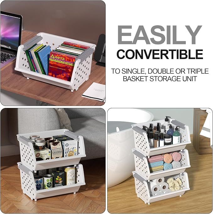Stackable Storage Bins, Open Front for Pantry Storage, 3 Pack | Plastic Kitchen Organizer Basket, Open Front Access, Stacking Bins for Snacks, Produce and Pantry Items, White - Image 5