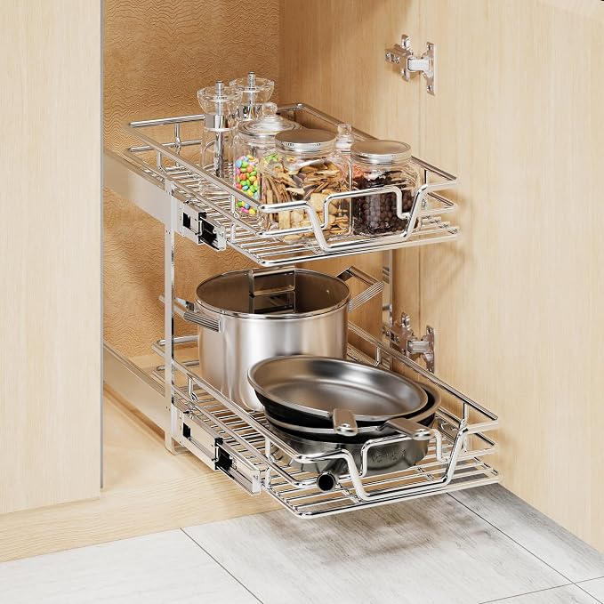 2-Tier Kitchen Cabinet,Pull Out Cabinet Organizer,Shelf and Drawer Organizer Slide Out Pantry Storaqe Basket in Multiple Sizes (12" W x21 D) - Image 6