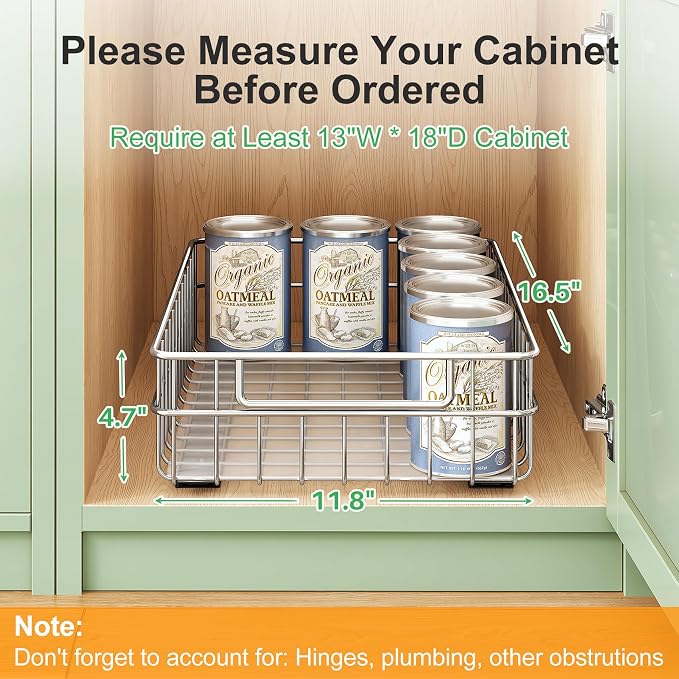 Pull out Cabinet Organizer, Stainless Steel 2-Pack Slide out Drawer with Silent Full-Extension Slides, Adhesive Roll out Can Spice Storage Basket Shelf Rack for Pantry, Kitchen, Bathroom, Home Closet - Image 2