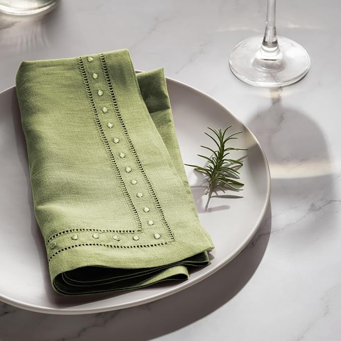 Linen Napkins 18 x 18 inch - 100% Flax Linen Olive Green Dinner Napkins with Embroidered Dot 18 x 18 inch - Hemstitch Cloth Napkins Washable for Summer and Wedding Decor - Image 2