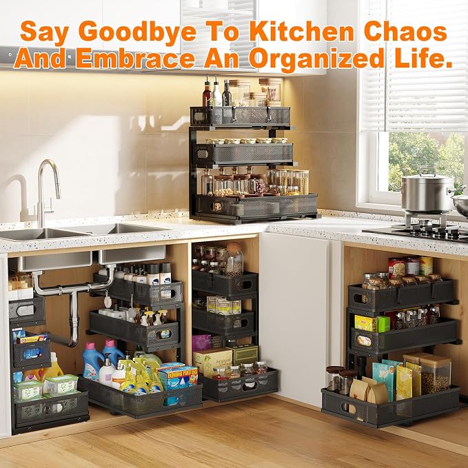 3 Tier Under Sink Organizer,Black Metal Pull Out Kitchen Cabinet Organizers, Slide Out Under Sink Storage Drawers, Undersink Organizer,Bathroom Counter Shelf, Pantry Organization and Storage （2 Pack） - Image 7