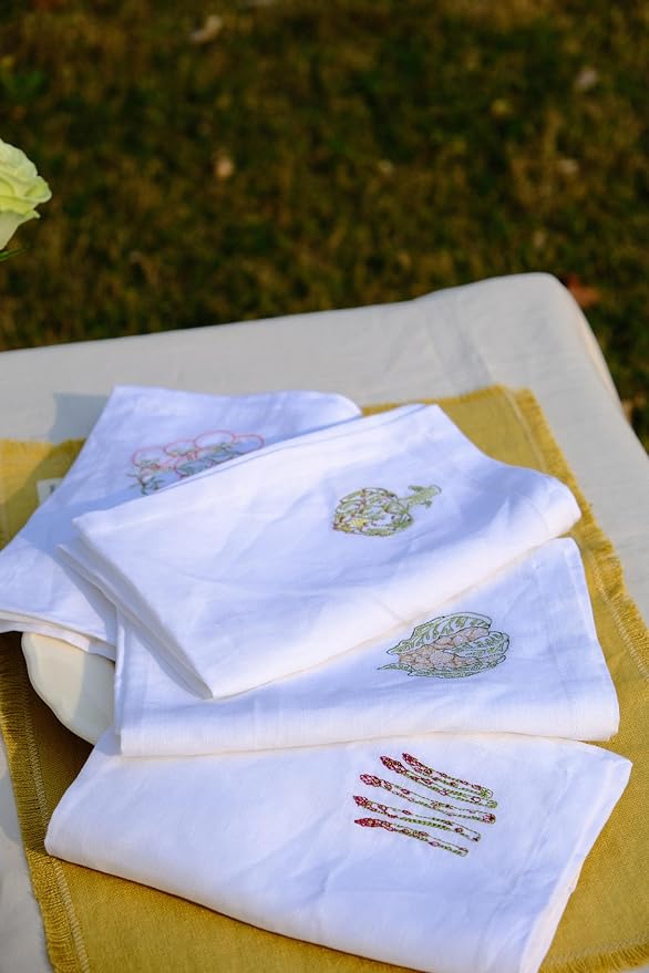 White Linen Napkins Set of 4-100% Pure Linen Embroidered Dinner Napkins 19 x 19 Inch for Spring, Summer Memorial Day - Botanical Embroidery (Garden Harvest Collection) - Image 2
