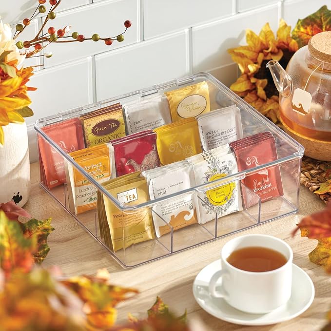 mDesign Plastic Kitchen Organiser — Practical Storage Box with 12 Compartments and Hinged Lid — Pantry Storage Box with Lid for Tea, Coffee, Spices and Other Foodstuffs — Clear - Image 2