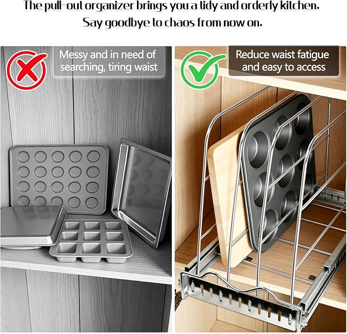 Pull Out Baking Pan Organizer for Cabinet, Cookie Sheet, Cutting Board, Tray Organizer for Cabinet, Adjustable, 22.5"D x11"H x 9"W, Pull/Slide Out Organizer-Heavy Duty, Chrome steel, 50-Year Warranty - Image 6