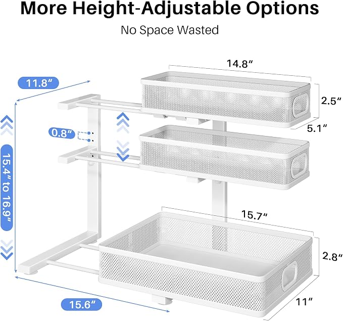 Under Sink Organizer, 3-Tier Thickened Metal Pull out Cabinet Organizer Shelf, Height Adjustable Slide out Storage Drawer Rack for Kitchen Bathroom Pantry Laundry Home Organization, 1-Pack, White | 35% Extra Storage Capacity, Carbon Steel, Hold Up 55lb... - Image 8