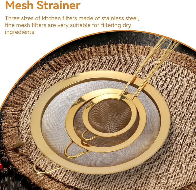 Fine Mesh Strainer Set, Gold Strainer for Juicing Stainless Steel Fine Mesh Strainer Set Of 3 with Handle for Kitchen Food Flour Baking - Image 6