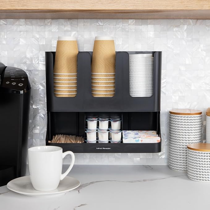 Mind Reader Condiment Station, 13 Inch Countertop Coffee Bar Organizer with 6 Compartments, Storage Caddy for Cups, Lids and Packets, Plastic, Black - Image 6