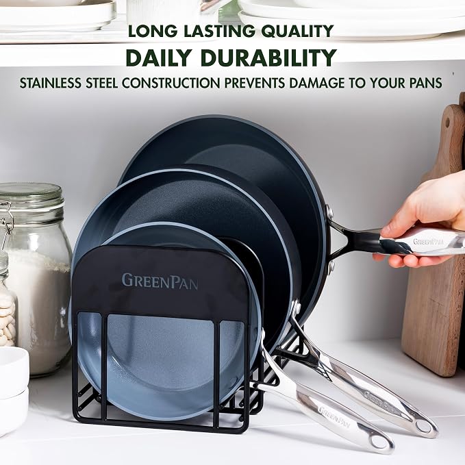 GreenPan Stainless Steel Wire Cookware Storage Rack, 5 Frying Pan Compartments, Countertop or Cabinent Organizer, Minimizes Clutter, Fast Drying, Wipes Clean, Black - Image 5