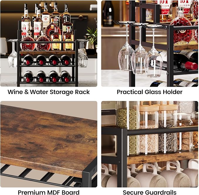 5-Tier Liquor Bottle Display Shelf, Holds up to 20 Bottles, Countertop Wine Racks with 6 Wine Glass Holders, Mini Wine Bar Cabinet for Home, All in One Coffee Syrup Whiskey Organizer - Image 6
