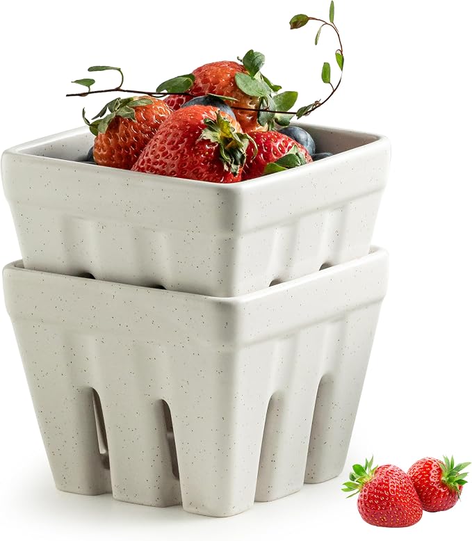 Gomakren Berry Bowl Set of 2, Ceramic Berry Basket, Square Fruit Bowls with Holes, Rustic Fruit Basket Containers for Kitchen Fridge, Berries, Strawberry, Grape, Cherry, Cream White by Gomakren