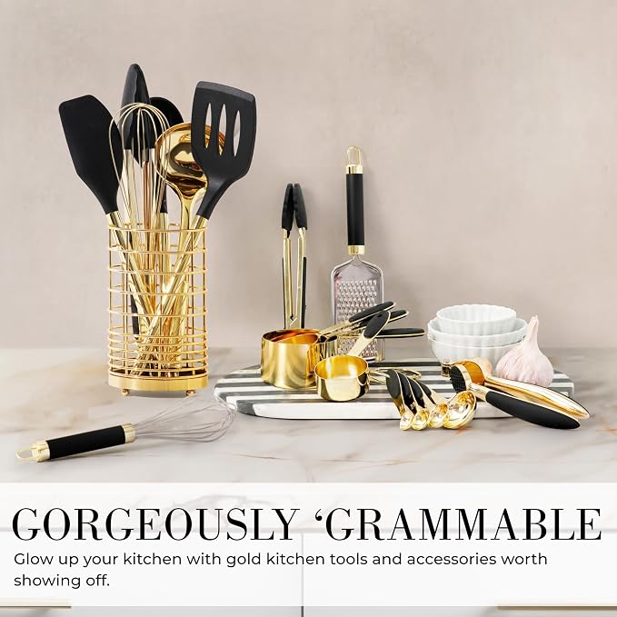 Styled Settings Black and Gold Cooking Utensils Set, 7-Piece, Black & Gold | Nonstick Silicone Cooking Utensils Set with Gold Utensil Holder, White and Gold Kitchen Accessories for Modern Kitchens - Image 7