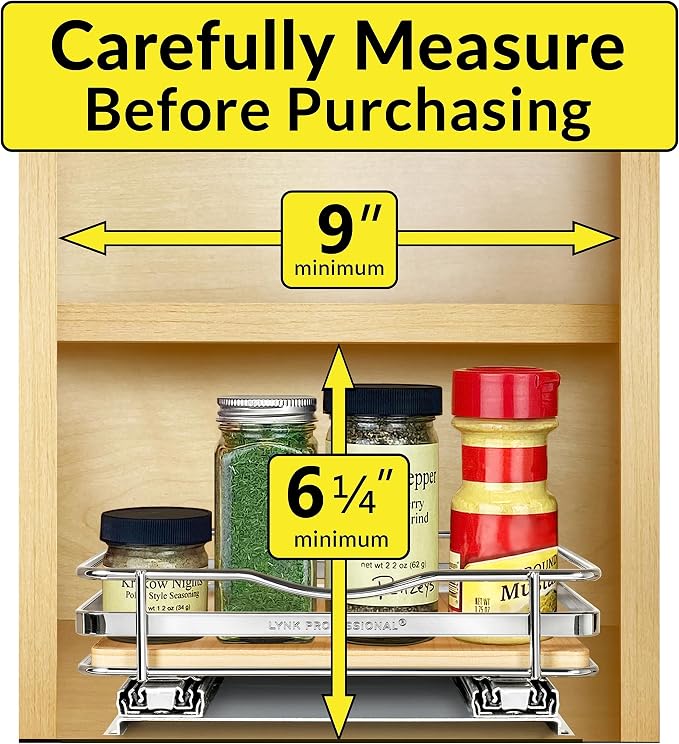 LYNK PROFESSIONAL® Élite™ Pull Out Spice Organization for Cabinets - 8-3/8 inch Wide – Spice Rack for Inside Cabinets – Wood/Chrome - Sliding Spice Rack Organizer for cabinet – Spice Rack - 1 Tier - Image 4