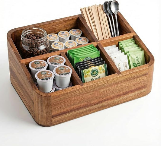 Dstuff Acacia Wood Coffee Station Organizer for Countertop, Tea Organizer and Holder, Coffee Bar Caddy with Multiple Compartments for Home and Office Decor by Dstuff