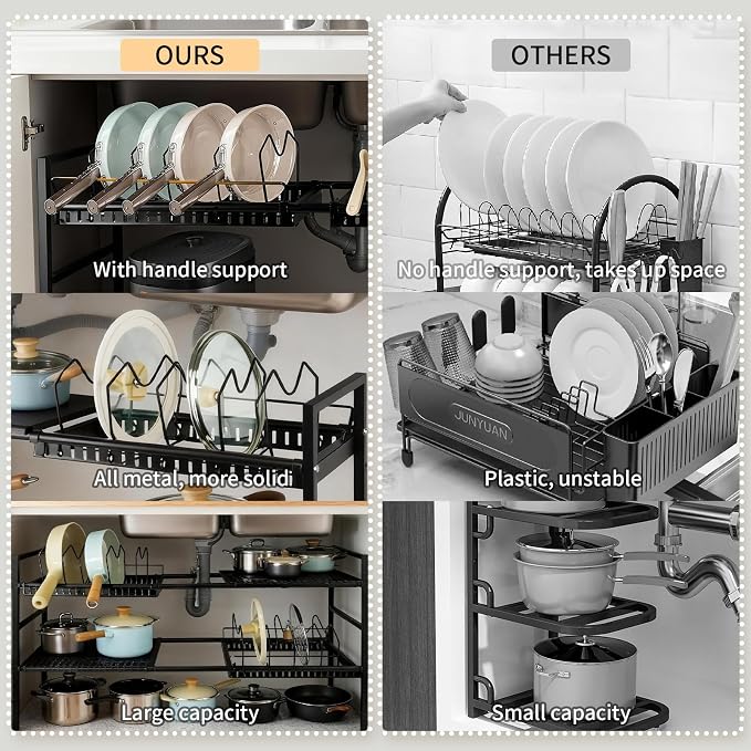 Pots and Pans Organizer Under Cabinet, Expandable Pots Organizers Inside Cabinet, Adjustable Height Under Sink Shelf 2 Tier with 10 Dividers Under Cabinet Shelf, Pot and Pan Lid Holder Rack (Black) - Image 4
