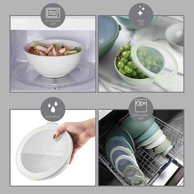 COOK WITH COLOR Mixing Bowls with TPR Lids - 12 Piece Plastic Nesting Bowls Set includes 6 Prep Bowls and 6 Lids - Microwave Safe (Sage) - Image 4