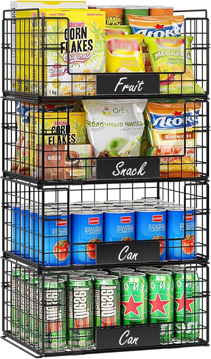 JKsmart 4 Pack XXL Stackable Wire Baskets for Pantry Organizers and Storage | Vegetable and Fruit Basket with Name Plates & Handles, Kitchen Pantry Organizer for Snack Can Fruit Veggies by JKsmart