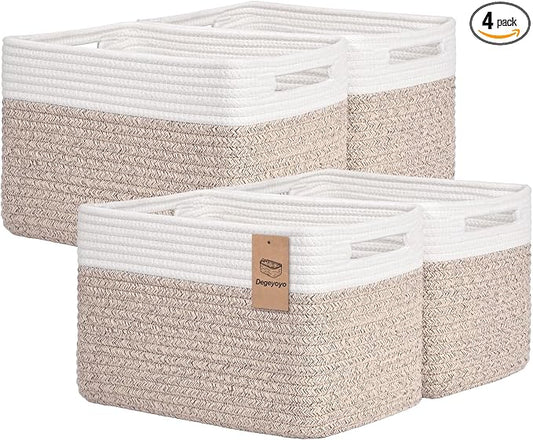 Storage Baskets for Organizing, 4 Pack Baskets for Shelves, Decorative Storage Bins for Shelves, Cotton Rope Storage Basket with Handles, Woven Basket for Storage, 13''Lx8.7''Wx7.9''H, White & Brown by Degeyoyo