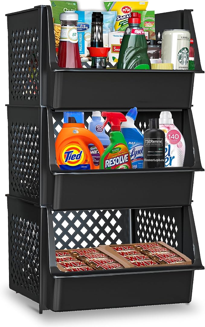 XLarge Stackable Storage Bins Open Front for Pantry Storage, 3 Pack - Black | Sturdy Plastic, Easy Stacking, Open Front Access, Ventilated Sides, Vertical & Space Saving Pantry Organizers and Storage Bin by Skywin