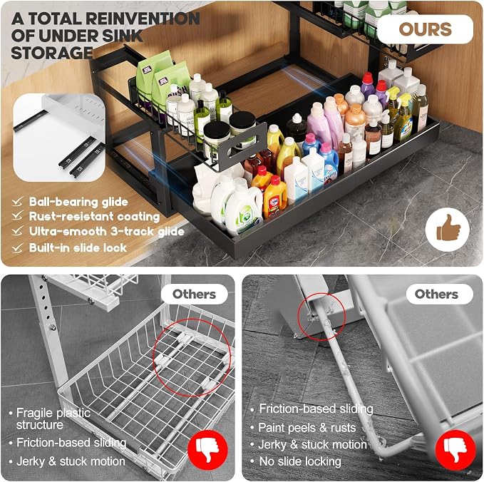 1 Pack-19"-32"W Expandable Under Sink Organizer With Upgrade Ball-Bearing Slide,2-Tier Pull Out Under Cabinet Organizer Height Adjustable,Not Suitable For Cabinets With Partitions In The Middle - Image 5
