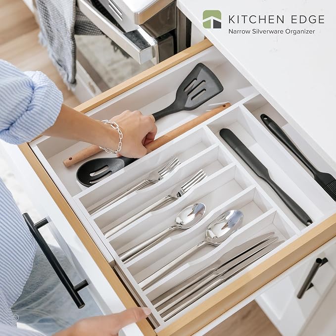 Silverware & Utensil Drawer Organizer, 10.5-19 in, White Bamboo | Cutlery, flatware, food-safe contract grade, kitchen drawer fit - Image 2